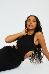 Black Ribbed Cut Out Midi Dress - Karin