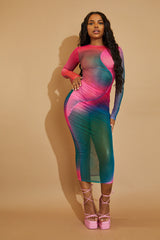 Multi Mesh Abstract Print Ruched Midi Dress - Helen