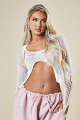 Cream Knit Front Cut Out Long Sleeve Crop Top - Bunko