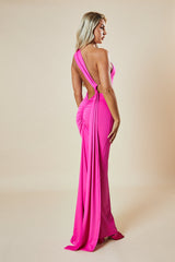 Pink One Shoulder Backless Ruched Maxi Dress - Mai