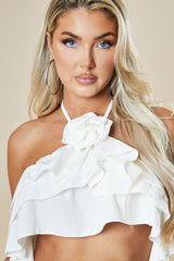 White Rosette Frill Detail Crop Top - Arisa