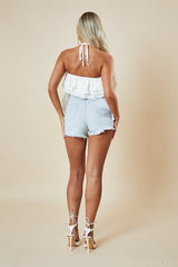 White Rosette Frill Detail Crop Top - Arisa