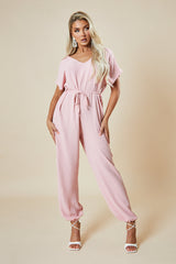 Pink V-Neck Oversized Tie Detail Jumpsuit - Sammie
