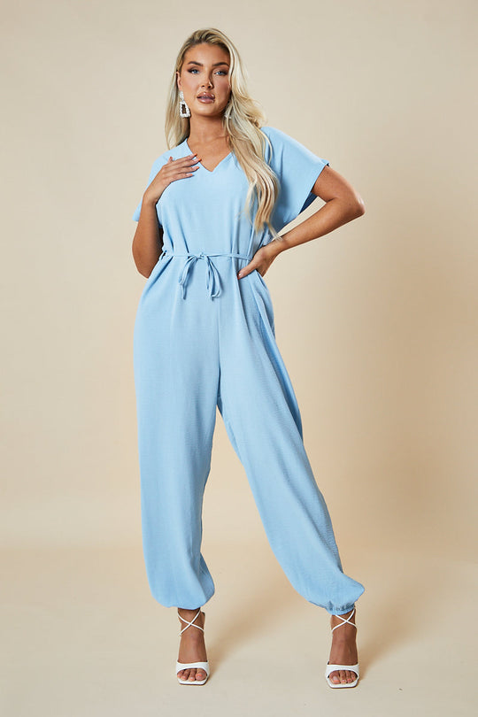 Blue V-Neck Oversized Tie Detail Jumpsuit - Sammie