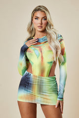 Multi Body Print Bodysuit & Mini Skirt Set - Tami