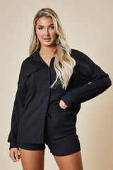 Black Button Up Front Shirt & Shorts Co-ord Set - Hoshi