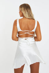 White Satin Cut Out Lace Up Back Mini Dress - Gia