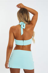 Turquoise Halter Neck Crop Top & Low Rise Micro Mini Skirt - Kai