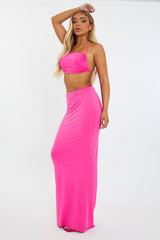 Pink Halter Neck Crop Top & Tie Waist Ruched Bum Maxi Skirt Set - Tilly