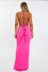 Pink Halter Neck Crop Top & Tie Waist Ruched Bum Maxi Skirt Set - Tilly