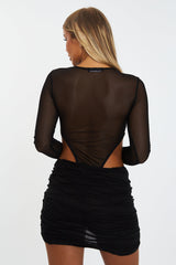 Black Knitted Mesh Bodysuit & Wrap Mini Skirt Set - Hailey