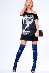 Black 'Party Girl' Graphic Print Bardot T-Shirt Dress - Lula