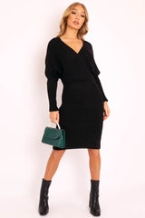 Black Wrap Front Knit Midi Dress - Edan