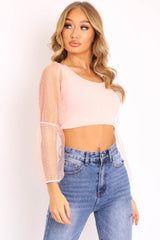 Pink Polka Dot Organza Sleeve Crop Top - Bianca