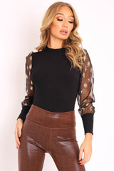 Black Leopard Polka Puff Sleeve Top - Fronia