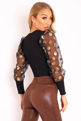 Black Leopard Polka Puff Sleeve Top - Fronia