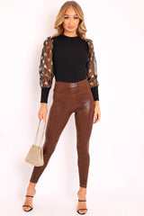 Black Leopard Polka Puff Sleeve Top - Fronia