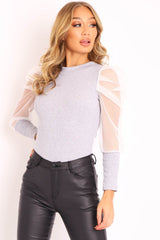 Grey White Net Puff Sleeve Ribbed Top - Aarvi