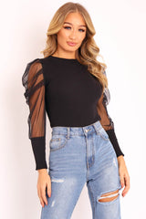 Black Net Puff Sleeve Ribbed Top - Aarvi