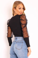 Black Net Puff Sleeve Ribbed Top - Aarvi