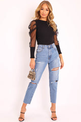 Black Net Puff Sleeve Ribbed Top - Aarvi