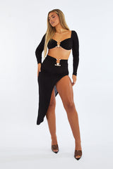 Black Metal Trim Crop Top & Side Slit Midi Skirt Set - Nysa