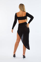 Black Metal Trim Crop Top & Side Slit Midi Skirt Set - Nysa