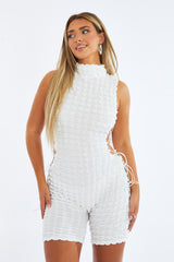 White Puff Fabric Lace Up Playsuit - Delphi