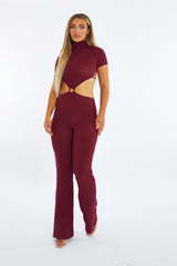 Burgundy Rib Knit Cut Out Ring Detail Jumpsuit - Ayla