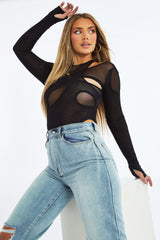 Black Mesh Cut Out Detail Bodysuit - Keziah
