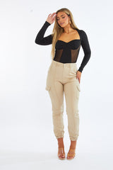 Black Mesh Panel Long Sleeve Bodysuit - Luna