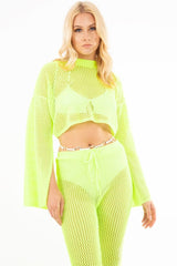 Neon Green Fishnet Crop Jumper Wide Leg Trouser Co-ord - Haddie