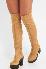 Light Tan Suede Platform Knee High Boots - Sandy