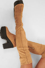 Light Tan Suede Platform Knee High Boots - Sandy