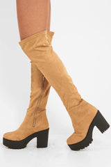 Light Tan Suede Platform Knee High Boots - Sandy