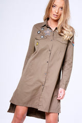 Khaki Badge Embroidered Utility Shirt Dress - Alicia