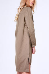 Khaki Badge Embroidered Utility Shirt Dress - Alicia