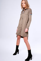 Khaki Badge Embroidered Utility Shirt Dress - Alicia