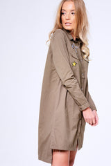 Khaki Badge Embroidered Utility Shirt Dress - Alicia