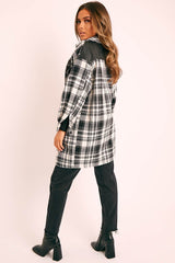 Black Check Faux Leather Panel Oversized Shirt - Breah