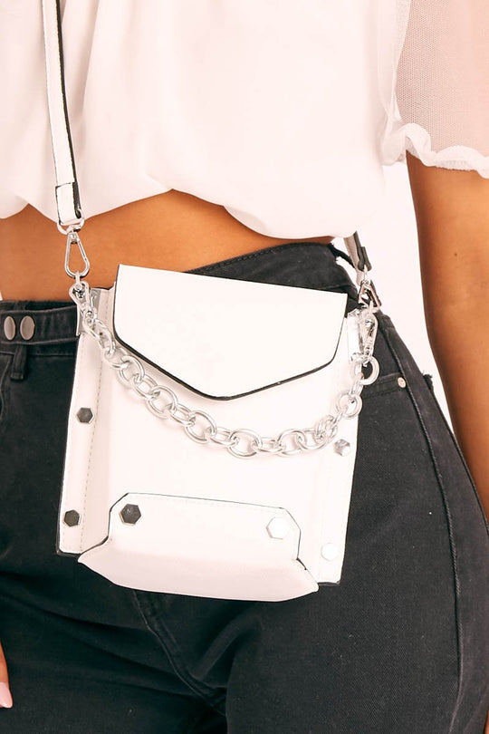 White Faux Leather Chain Front Bag - Suvi