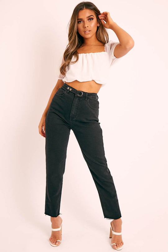 Black Raw Hem Press Stud Fastening Mom Jeans - Landri