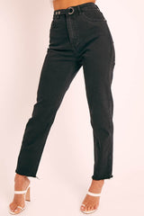 Black Raw Hem Press Stud Fastening Mom Jeans - Landri