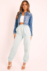 Blue Slim Fit Distressed Cropped Denim Jacket - Ember