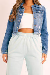 Blue Slim Fit Distressed Cropped Denim Jacket - Ember