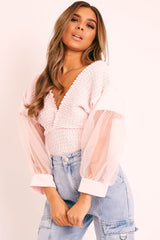 Pink Shirred Plunge Crop Top - Reina
