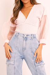 Pink Shirred Plunge Crop Top - Reina