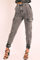 Grey Washed Cargo Cuffed Jeans - Olanna