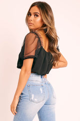 Black Mesh Puffball Crop Top - Taja