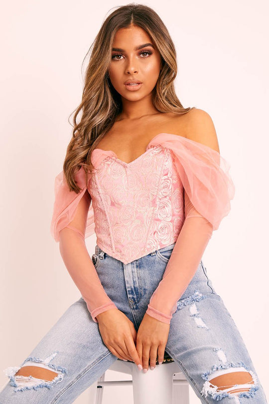 Pink Rose Print Mesh Sleeve Corset Top - Evyanna